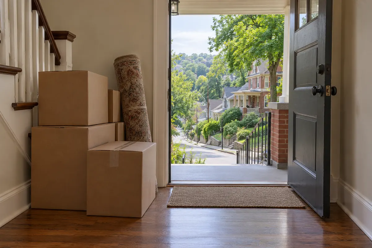 Moving boxes stacked by the front door of a house